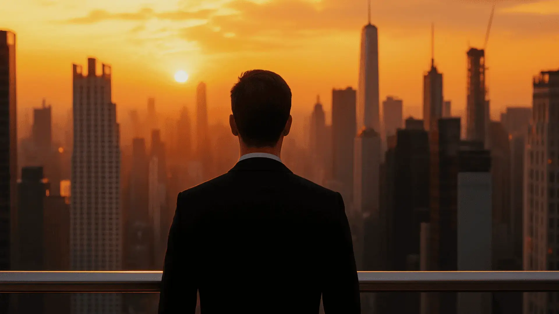 Man overlooking city skyline at sunset, symbolizing Diplomats Group’s visionary approach in real estate